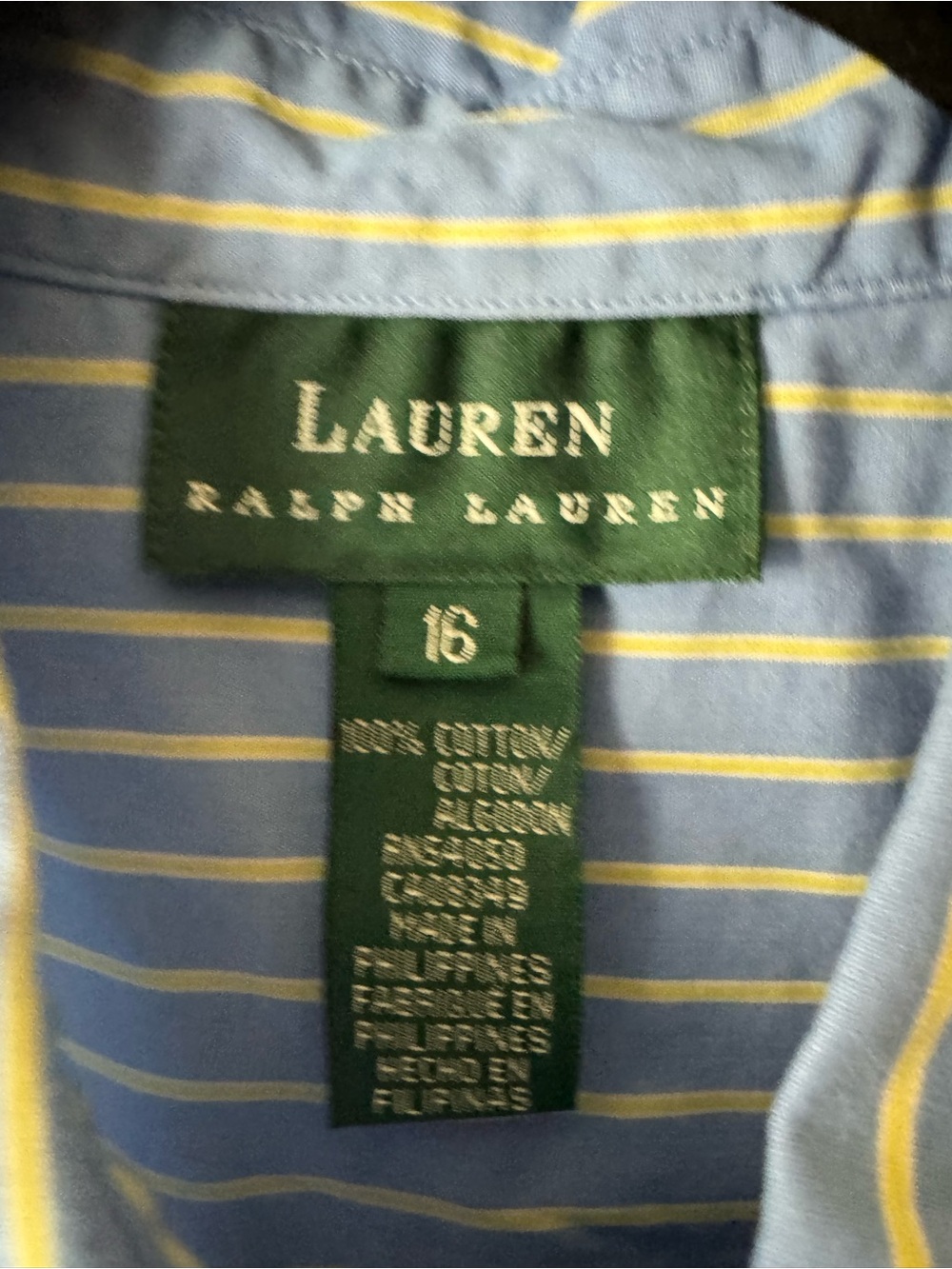 Lauren Ralph Lauren Sleeveless Blue Yellow Stripe Button-Up Cotton Shirt Size 16 - Picture 4 of 4